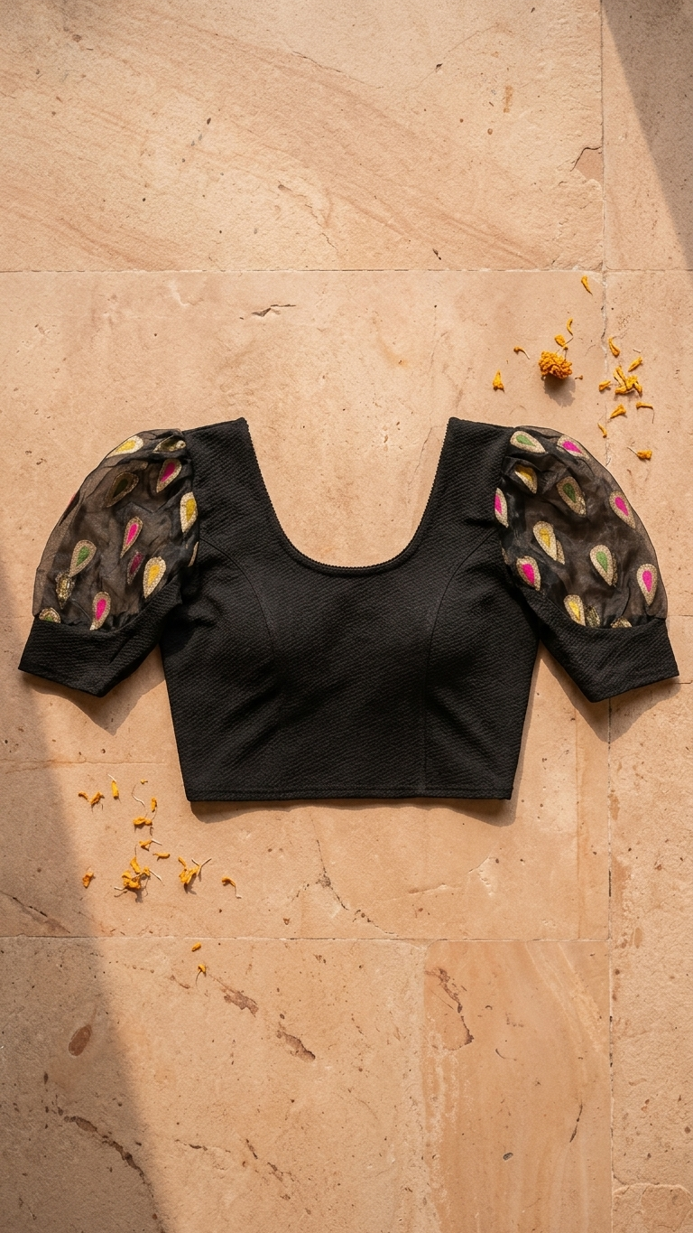 Black Jacquard Blouse with Organza Puff Sleeves & Buti Embroidery