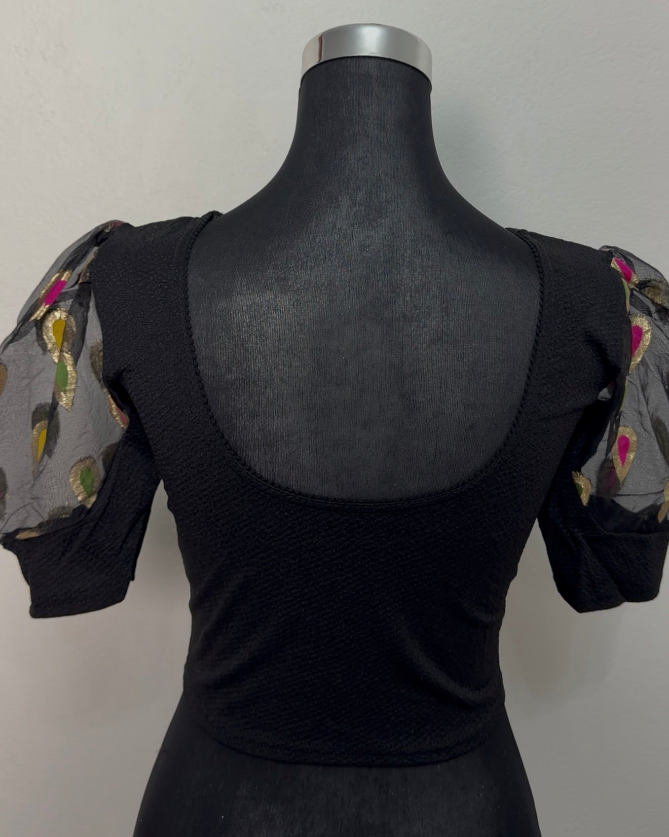 Black Jacquard Blouse with Organza Puff Sleeves & Buti Embroidery