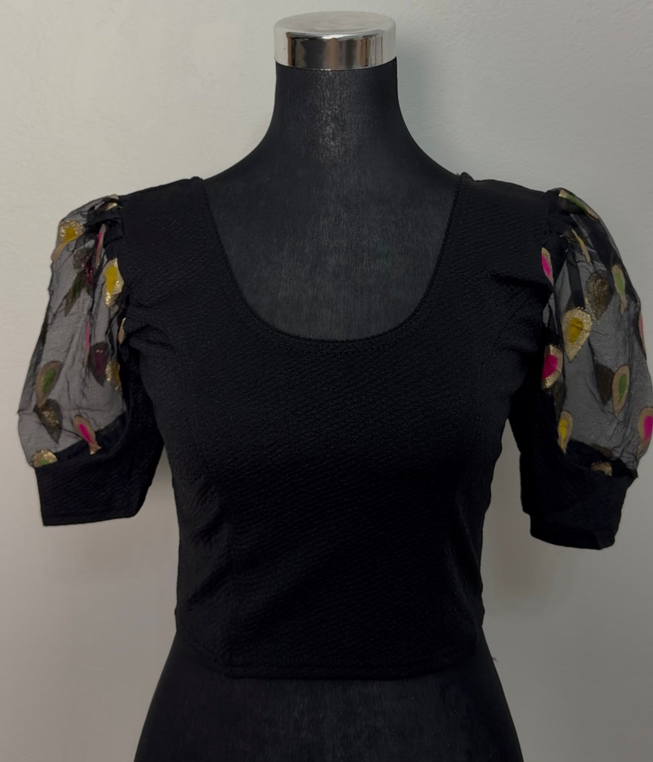 Black Jacquard Blouse with Organza Puff Sleeves & Buti Embroidery