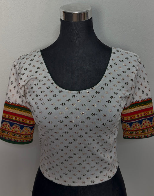 Ivory Cotton Block Print Blouse with Ethnic Border Sleeves