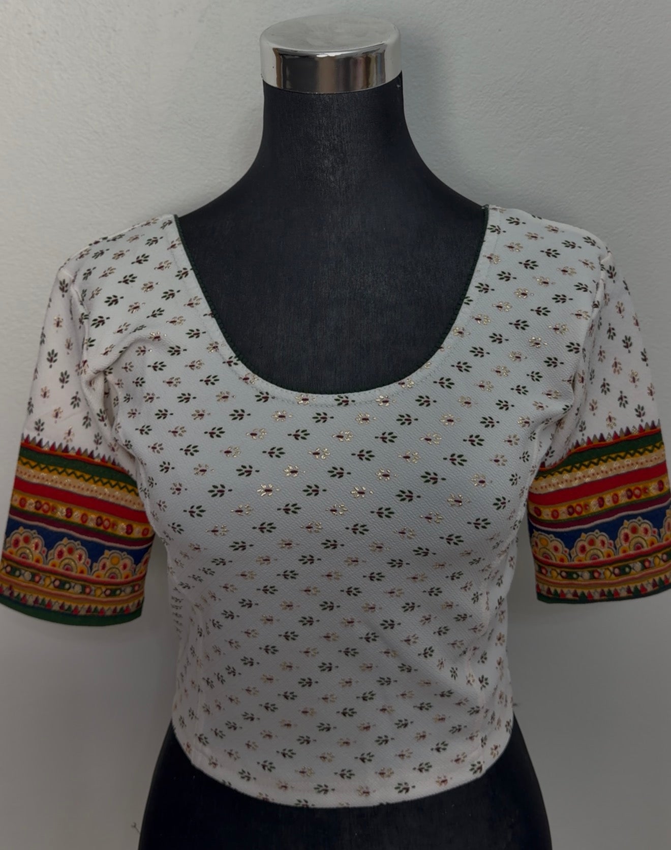 Ivory Cotton Block Print Blouse with Ethnic Border Sleeves