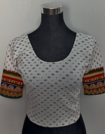 Ivory Cotton Block Print Blouse with Ethnic Border Sleeves