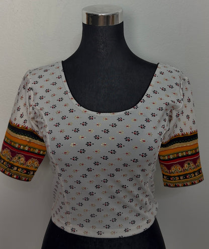 Ivory Cotton Blouse with Block Print & Kalamkari Sleeves