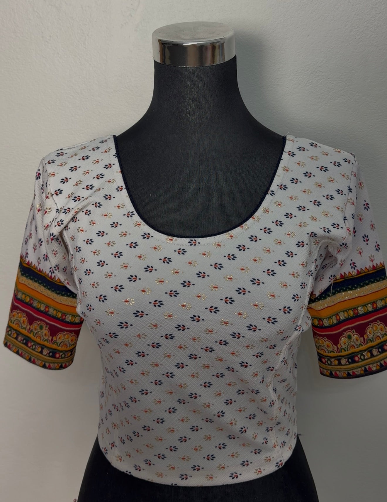 Ivory Cotton Block Print Blouse with Patchwork Border Sleeves