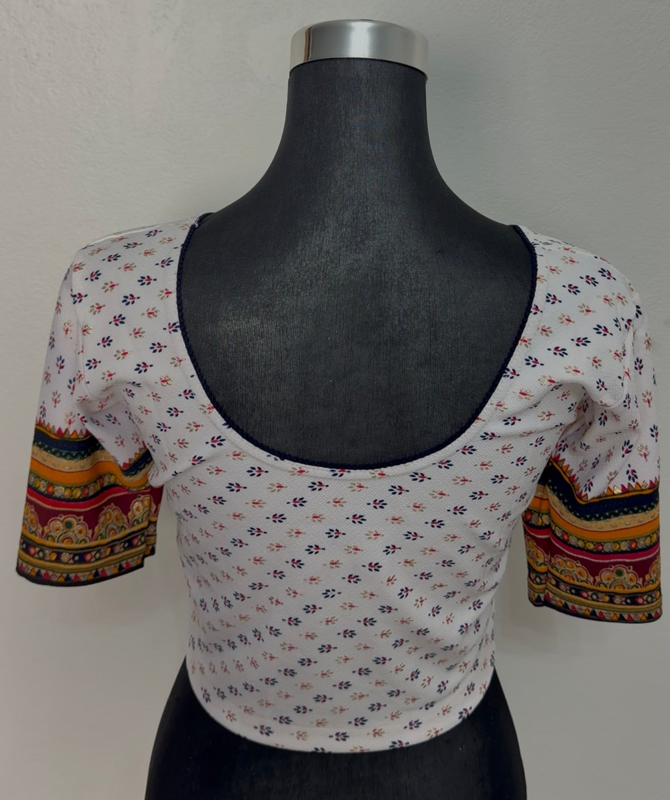 Ivory Cotton Block Print Blouse with Patchwork Border Sleeves