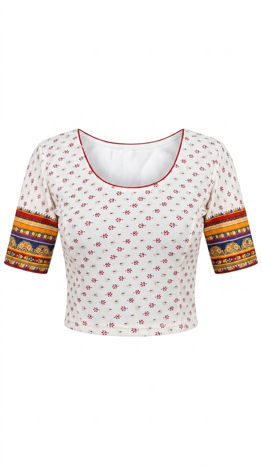 Ivory Cotton Saree Blouse with Multicolour Border Sleeves