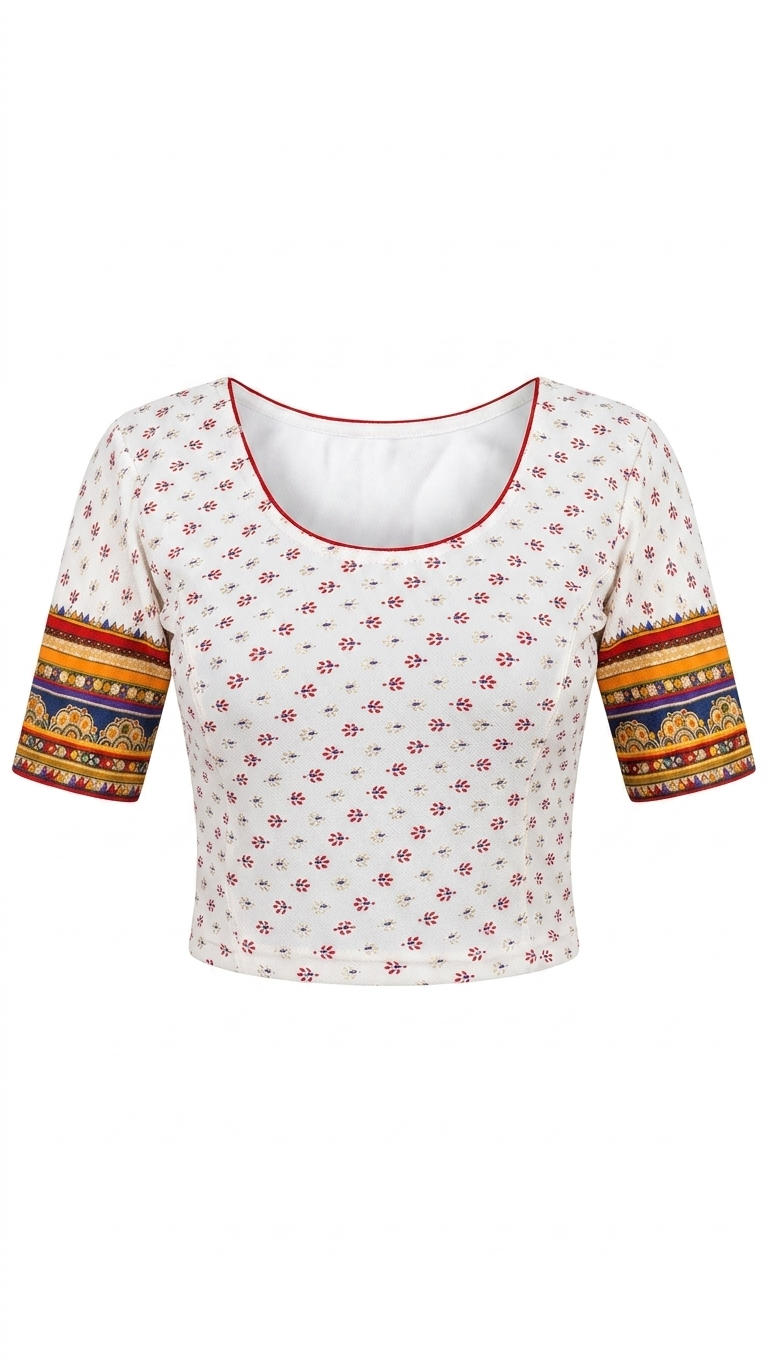 Ivory Cotton Saree Blouse with Multicolour Border Sleeves