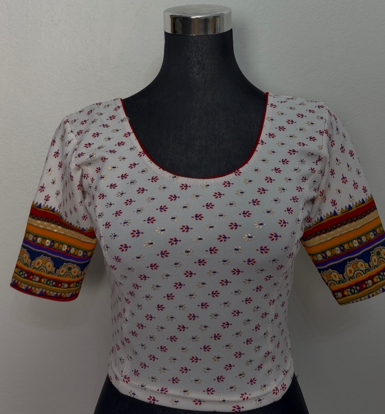 Ivory Cotton Saree Blouse with Multicolour Border Sleeves