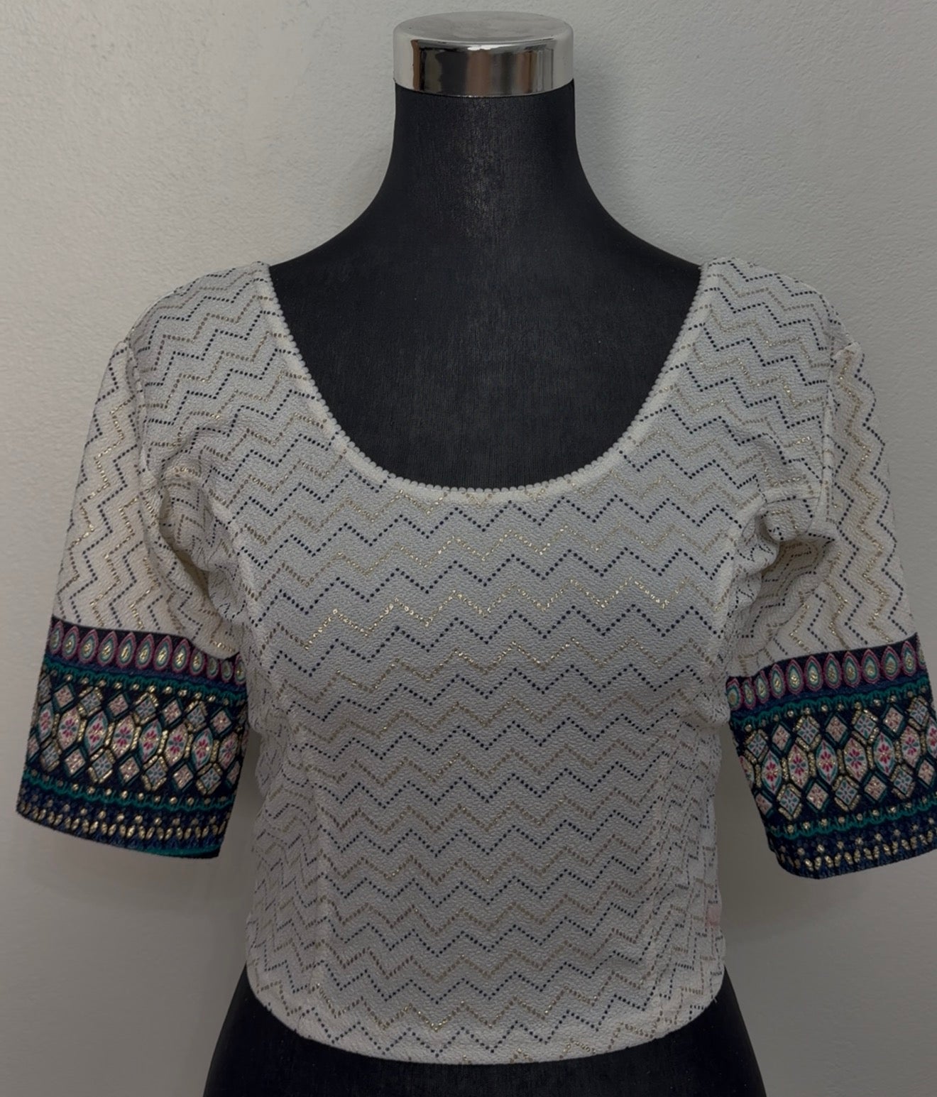 Ivory Cotton Ikat Blouse with Geometric Border Cuffs