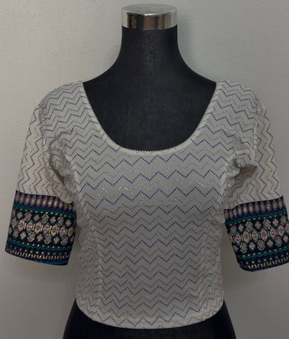 Ivory Cotton Ikat Blouse with Geometric Border Cuffs