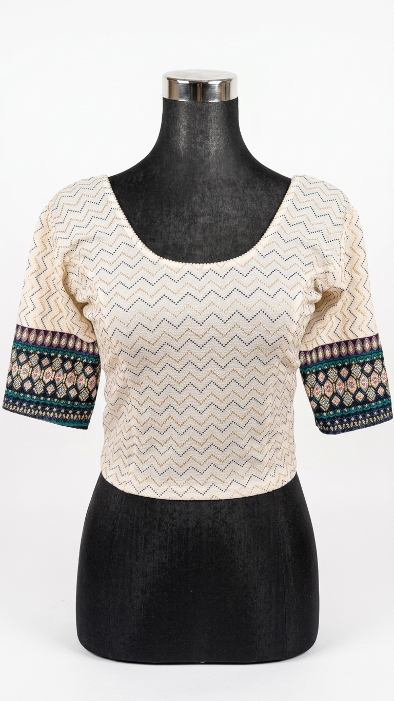 Ivory Cotton Ikat Blouse with Geometric Border Cuffs