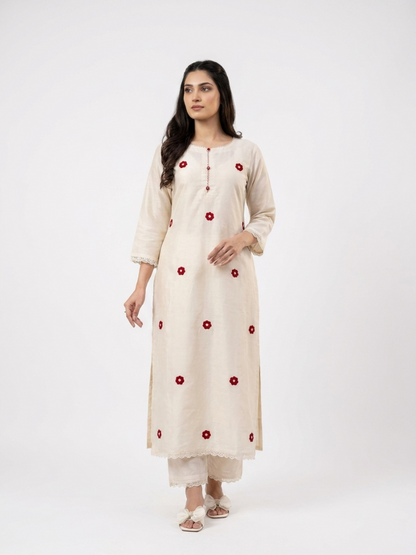 Ivory khadi co-ord set with red floral resham embroidery — Behuli Australia