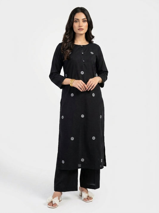 Black Khadi Co-ord Set with Silver Floral Embroidery