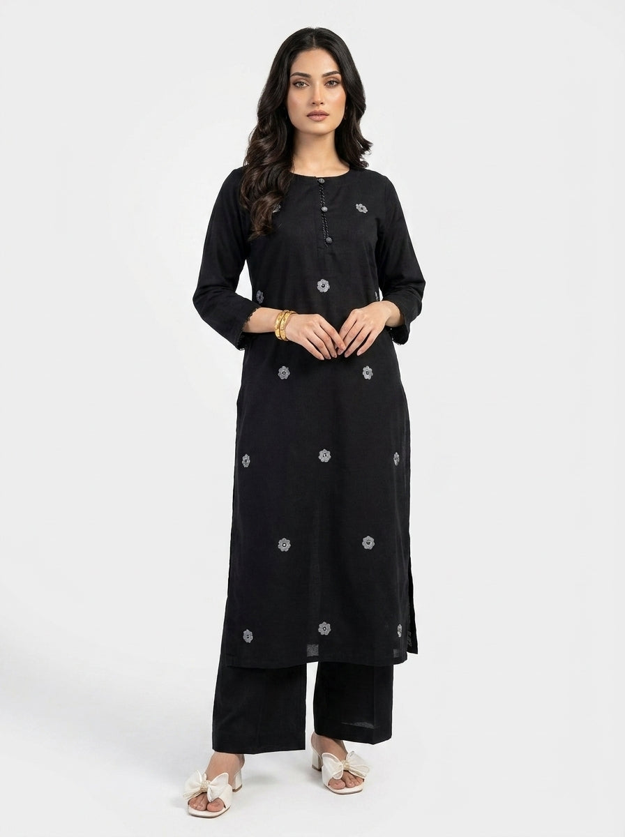 Black Khadi Co-ord Set with Silver Floral Embroidery