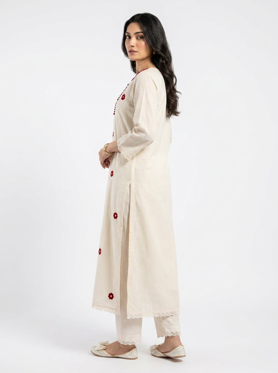 Ivory Khadi Co-ord Set with Red Floral Embroidery