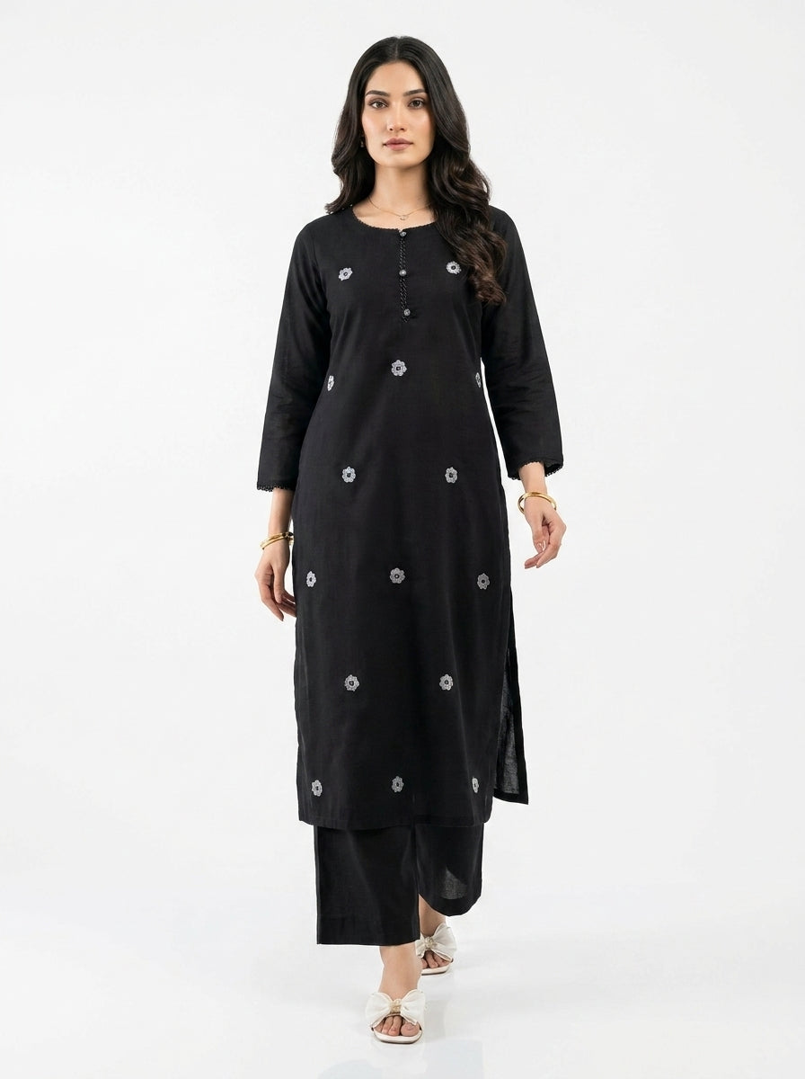 Black Khadi Co-ord Set with Silver Floral Embroidery