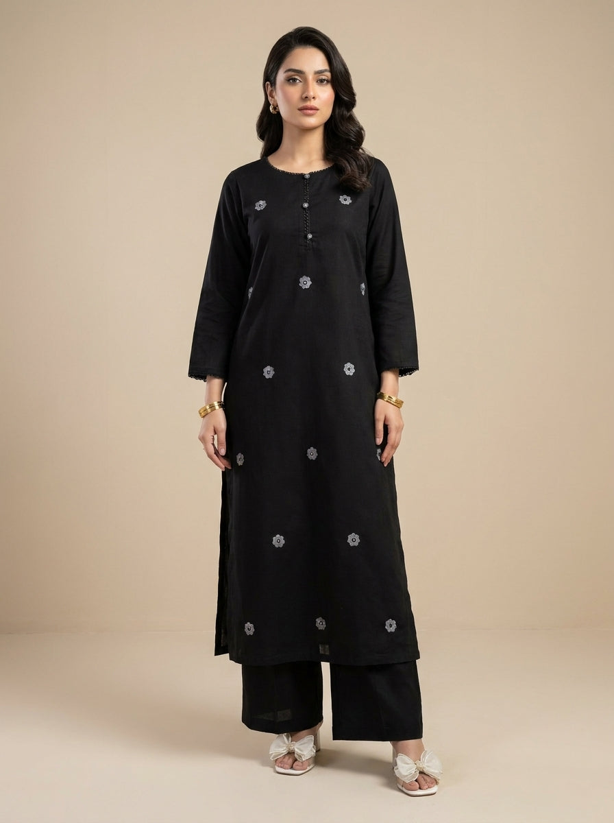 Black Khadi Co-ord Set with Silver Floral Embroidery