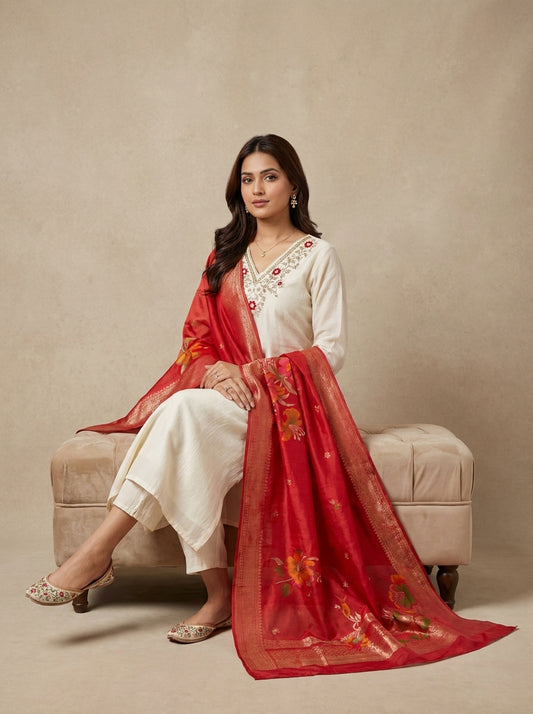 Ivory Raw Silk Kurti Set with Zari Embroidery & Red Dupatta