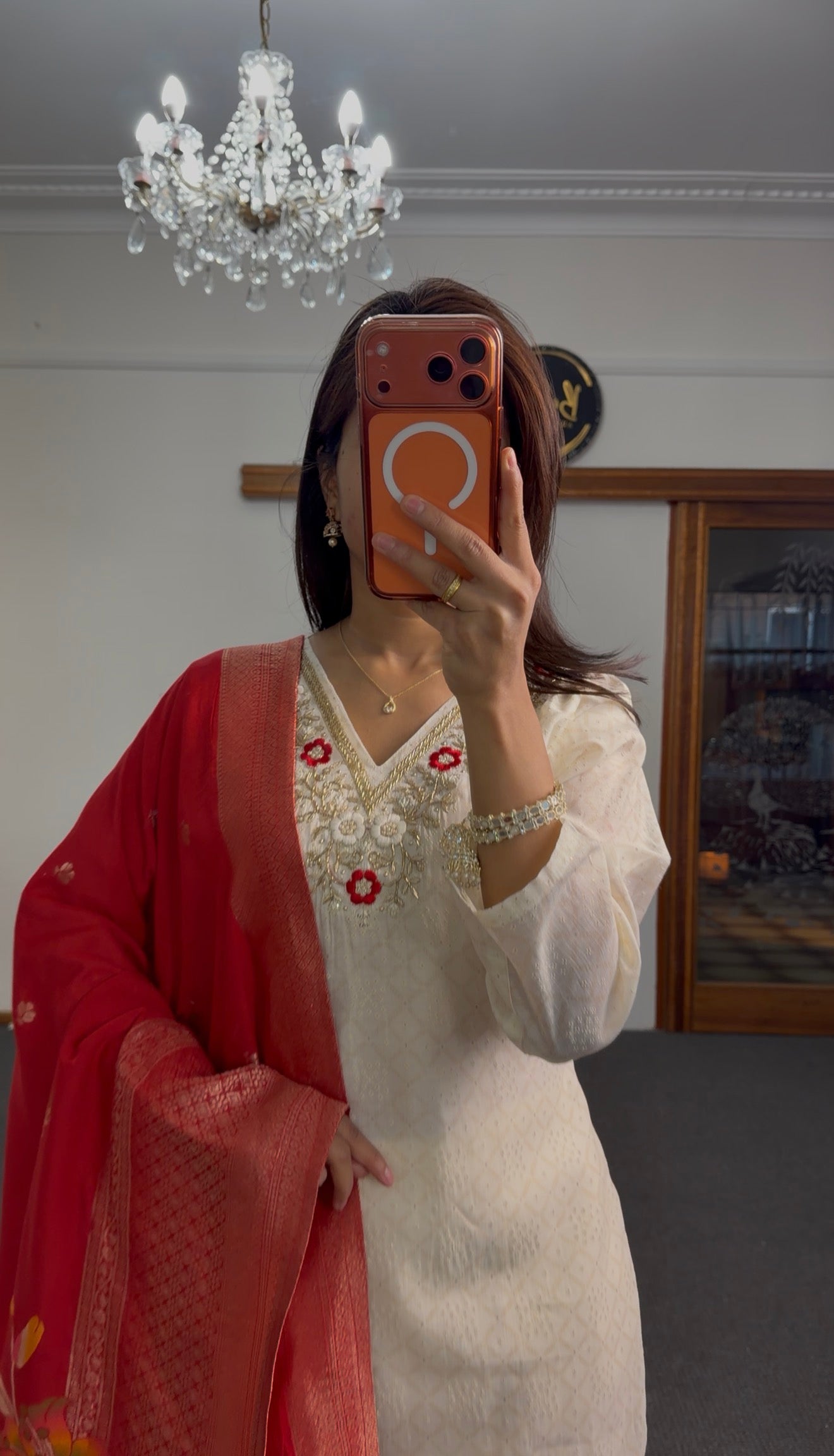 Ivory Raw Silk Kurti Set with Zari Embroidery & Red Dupatta