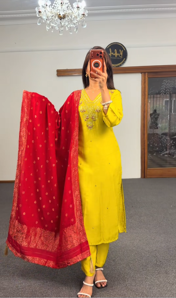 Mustard Zari Dola Silk Kurti Set