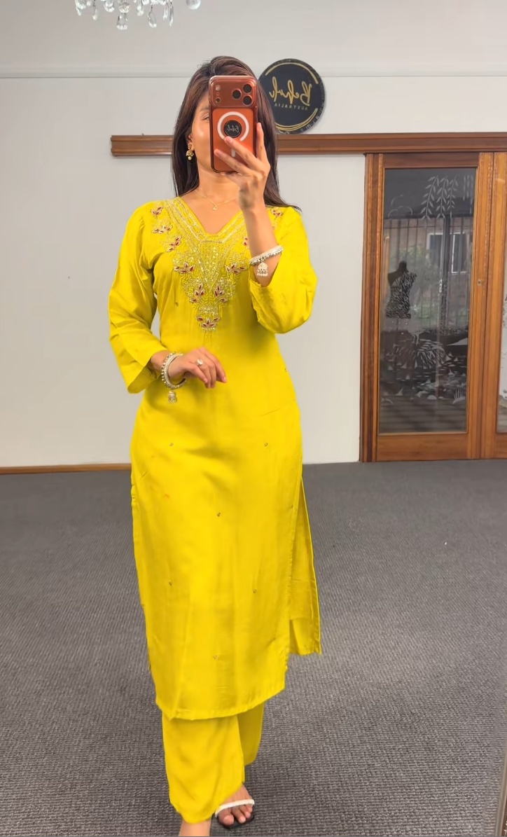 Mustard Zari Dola Silk Kurti Set