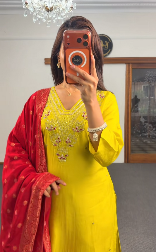 Mustard Zari Dola Silk Kurti Set