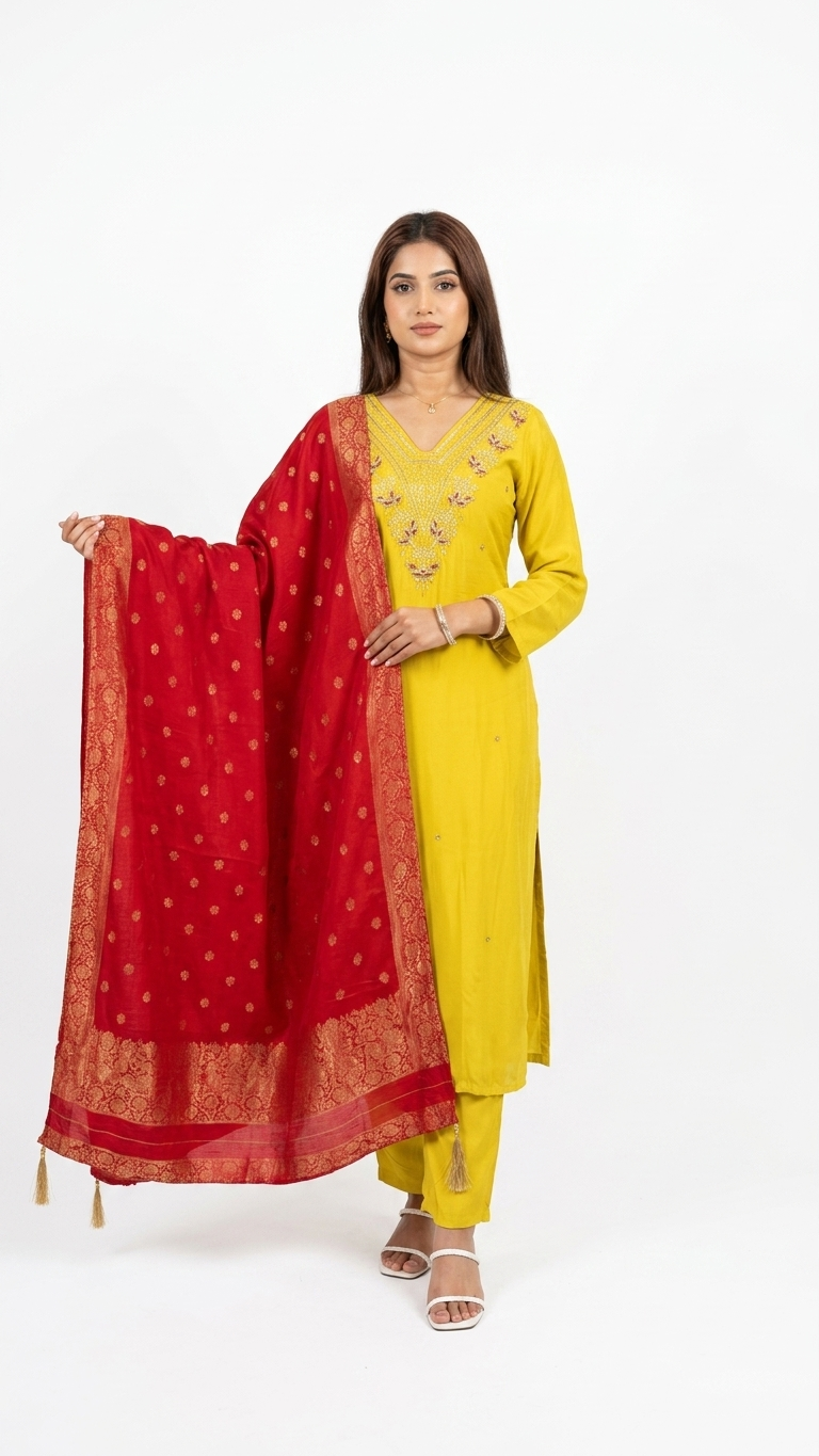 Mustard Zari Dola Silk Kurti Set