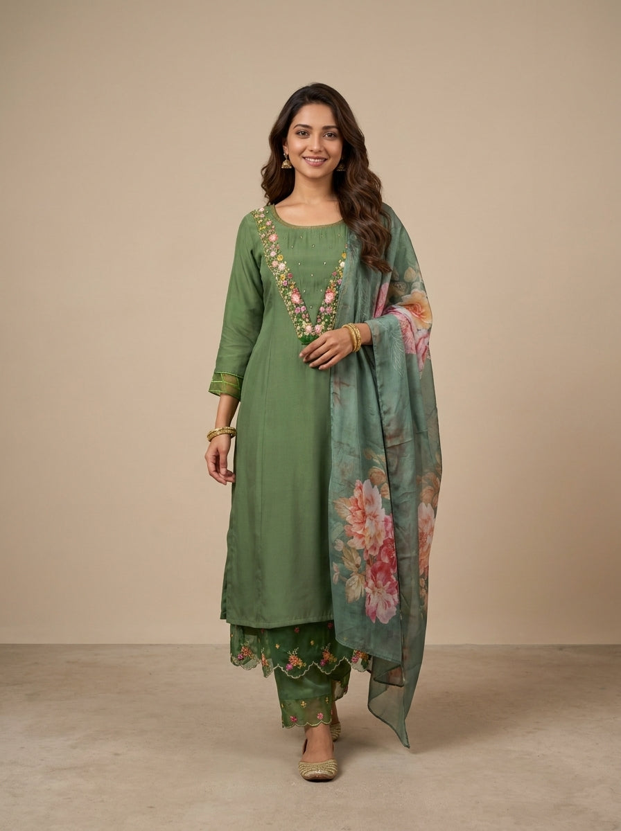 Green Multicolour Silk Kurti Set