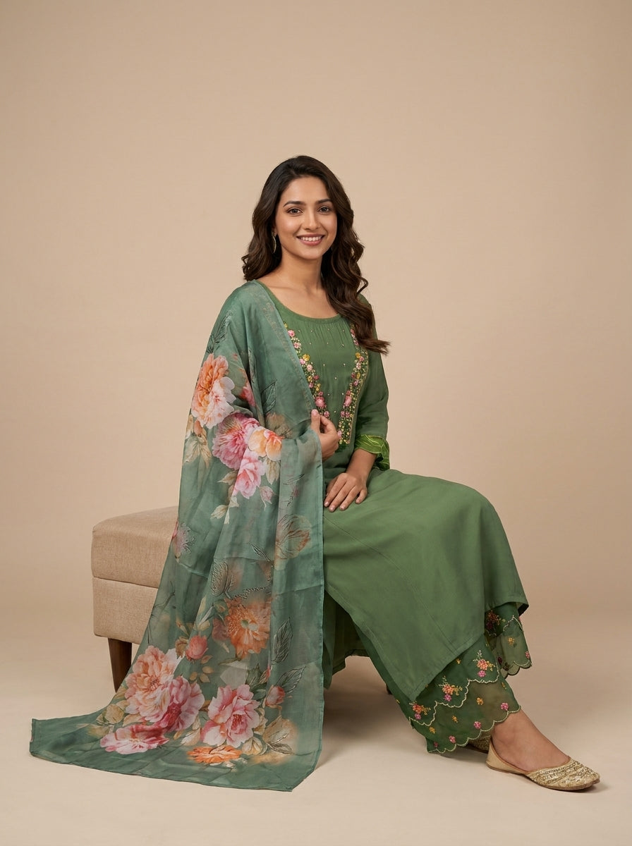 Green Multicolour Silk Kurti Set