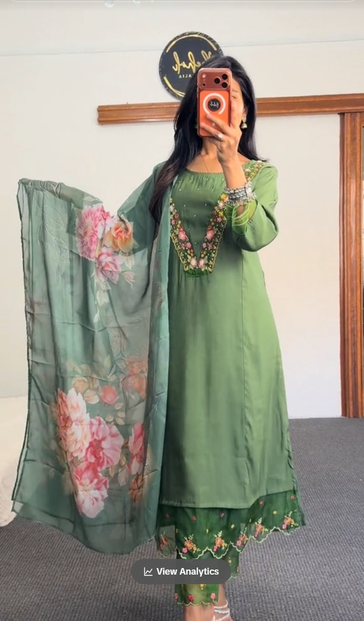 Green Multicolour Silk Kurti Set