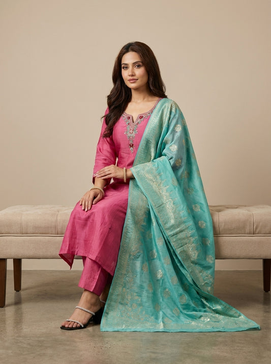 Fuchsia Raw Silk Kurti Set with Kundan Neck & Teal Banarasi Dupatta