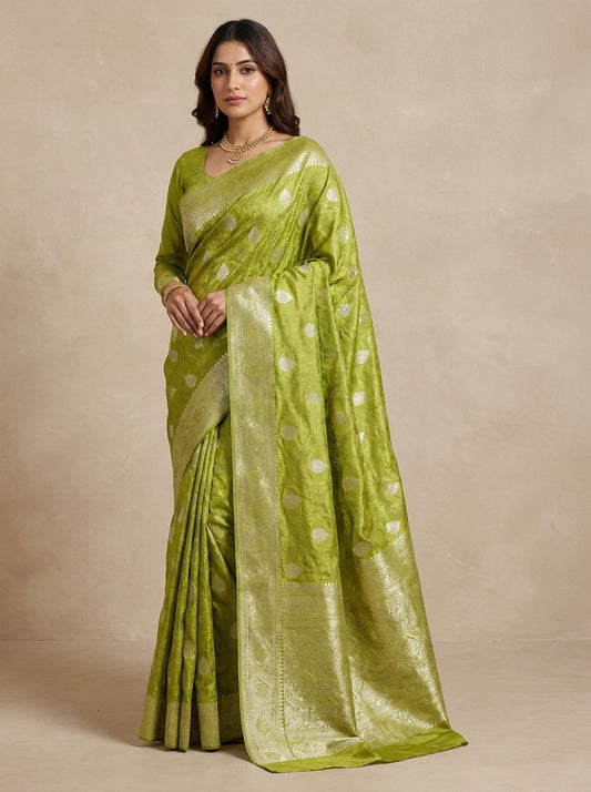 Olive Green Banarasi Silk Saree with Silver Zari Weave
