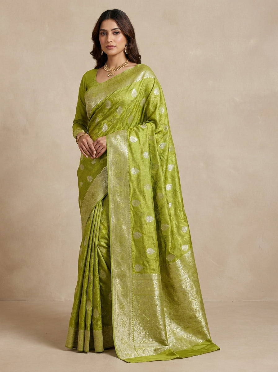 Olive Green Banarasi Silk Saree with Silver Zari Weave