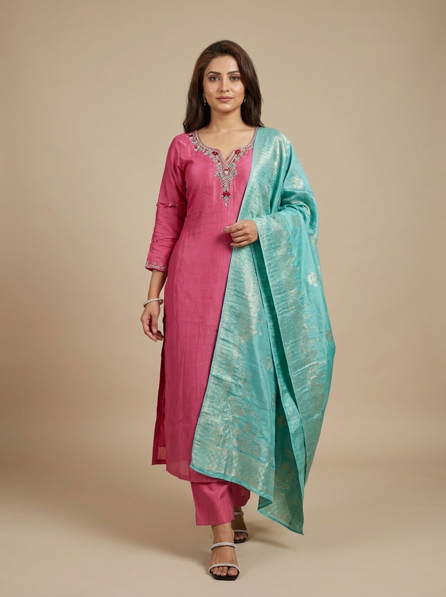 Fuchsia Raw Silk Kurti Set with Kundan Neck & Teal Banarasi Dupatta