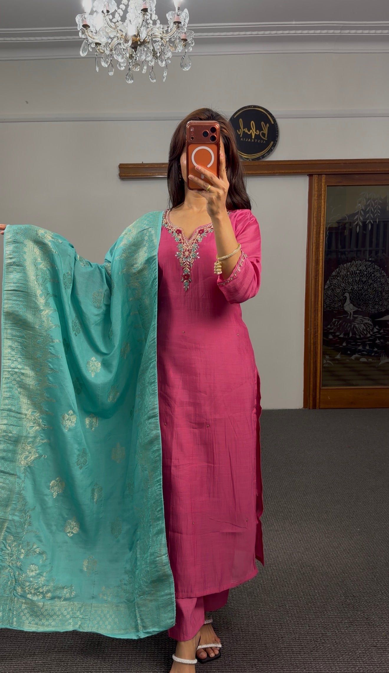 Fuchsia Raw Silk Kurti Set with Kundan Neck & Teal Banarasi Dupatta