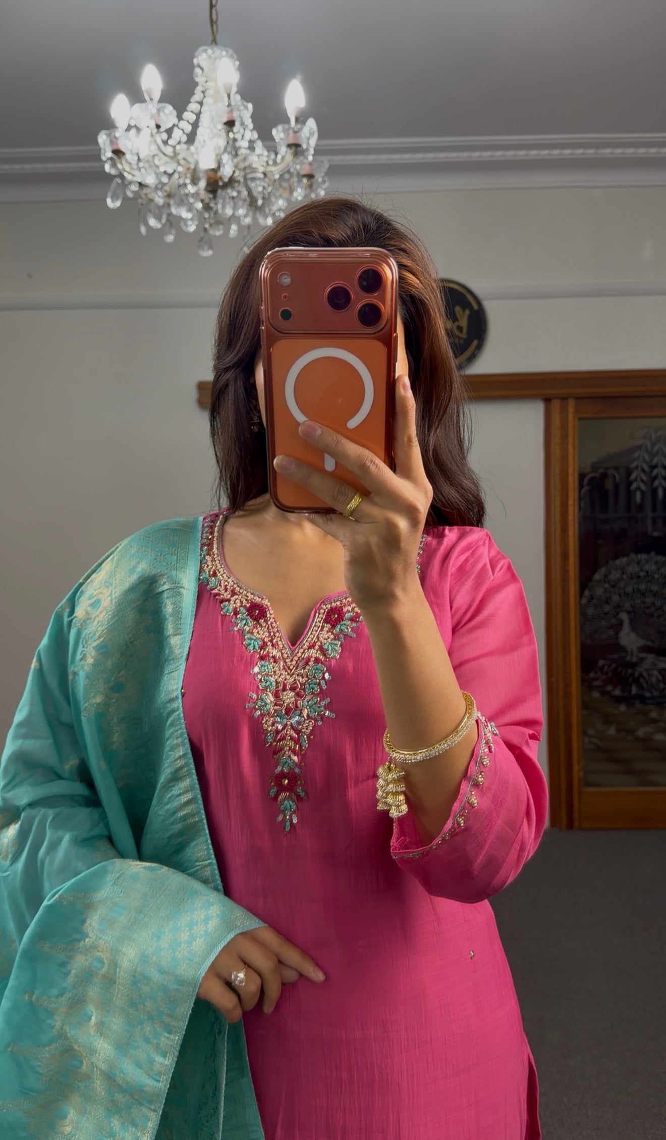Fuchsia Raw Silk Kurti Set with Kundan Neck & Teal Banarasi Dupatta