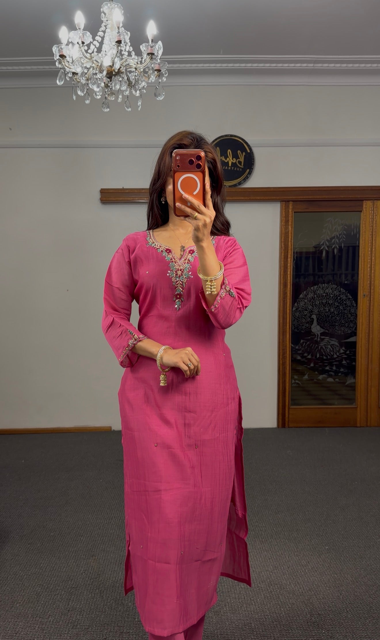 Fuchsia Raw Silk Kurti Set with Kundan Neck & Teal Banarasi Dupatta