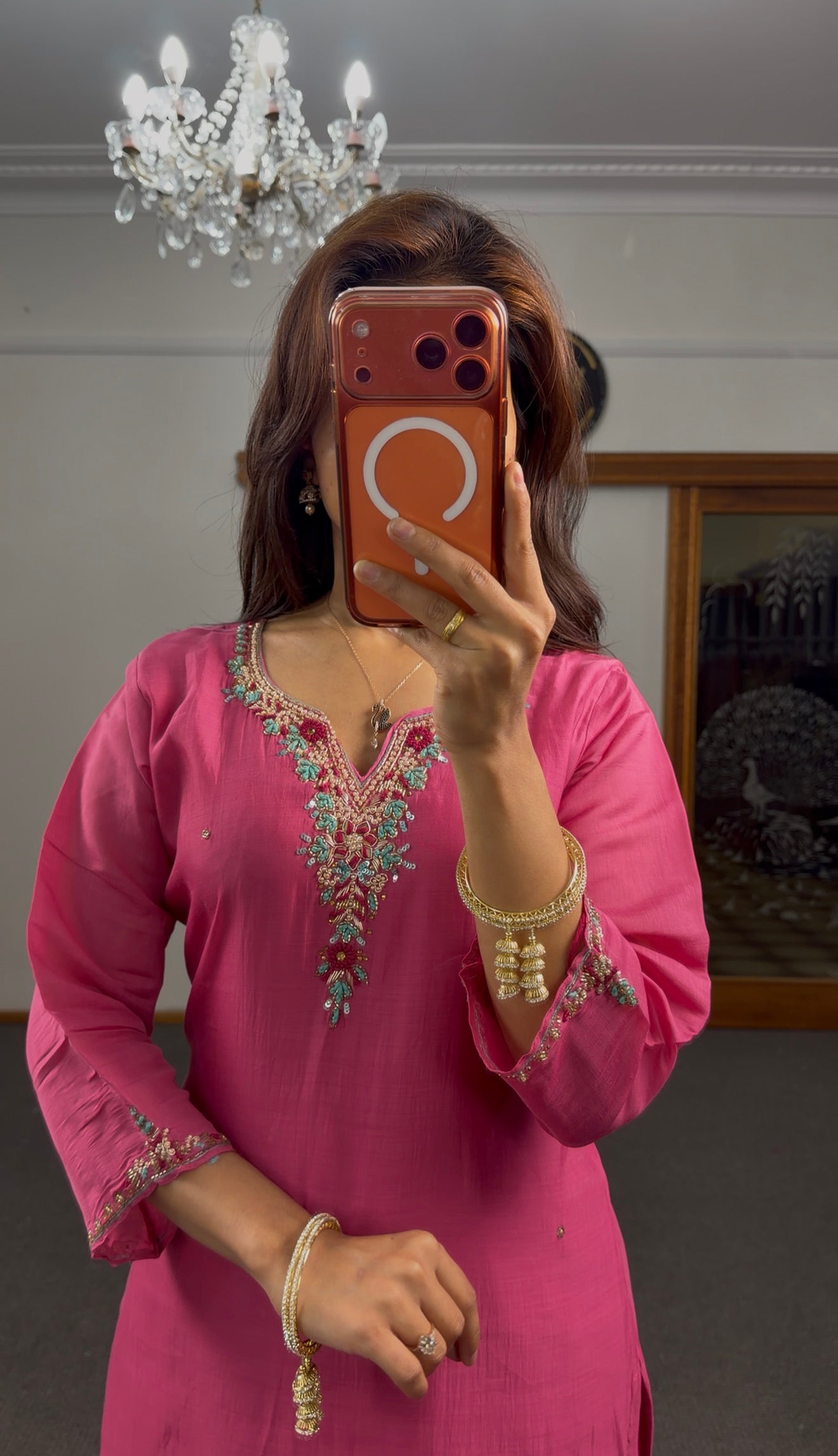 Fuchsia Raw Silk Kurti Set with Kundan Neck & Teal Banarasi Dupatta
