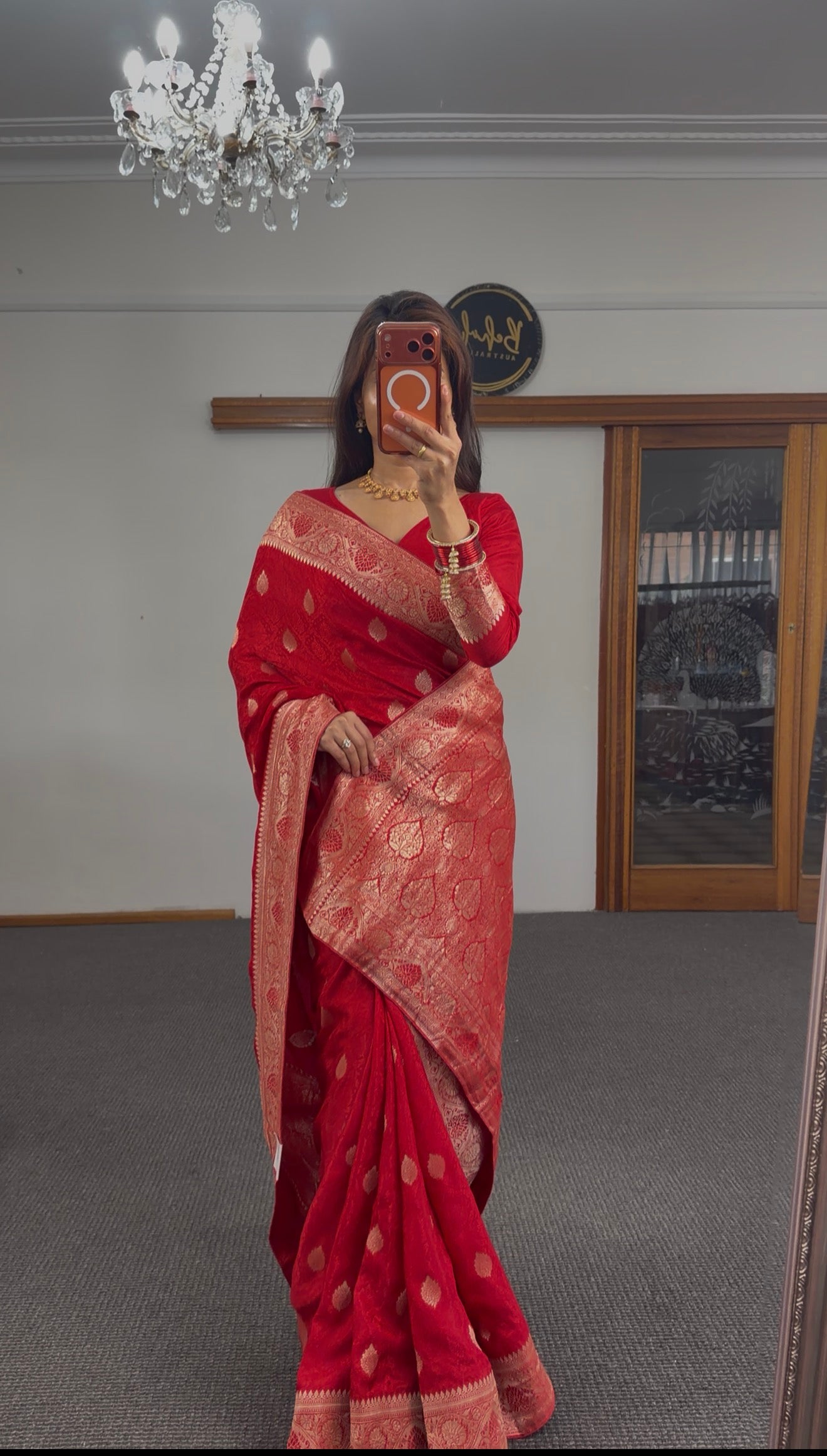 Red Banarasi Silk Saree with Gold Zari Weave & Full Blouse