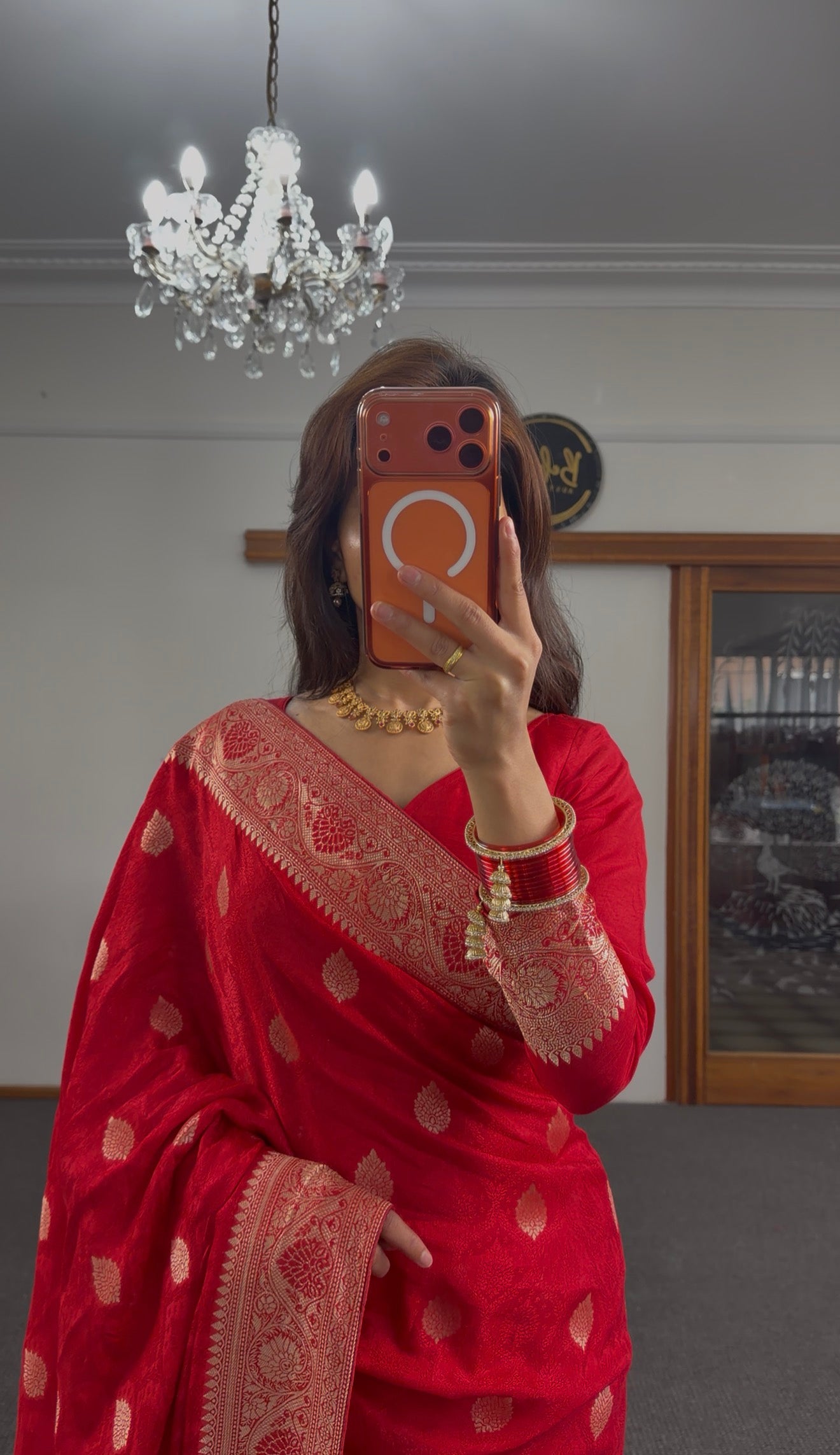 Red Banarasi Silk Saree with Gold Zari Weave & Full Blouse