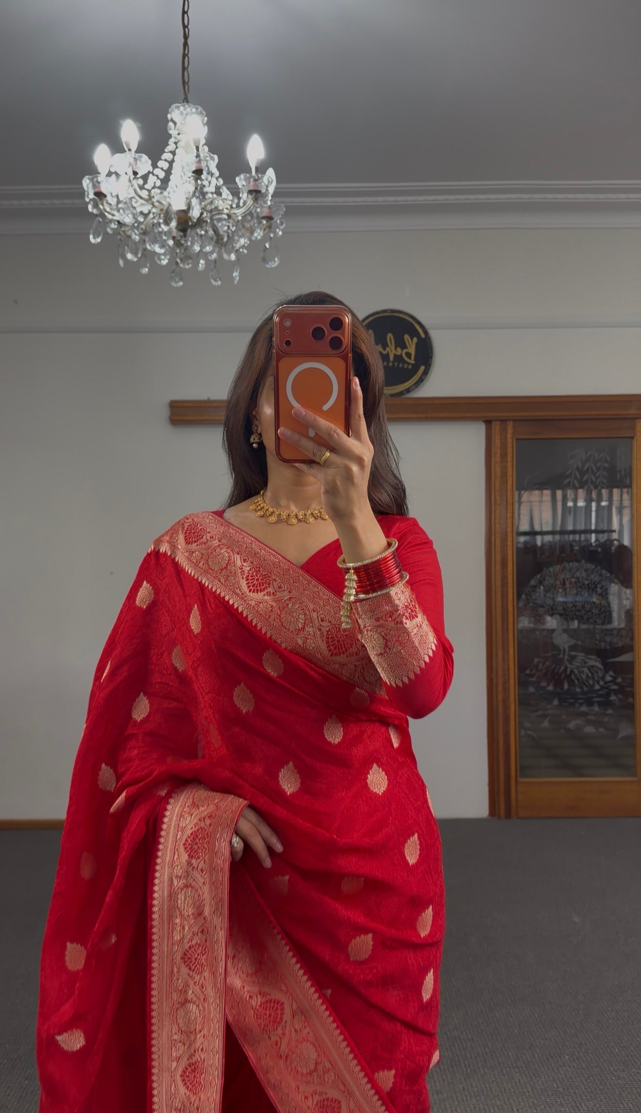 Red Banarasi Silk Saree with Gold Zari Weave & Full Blouse