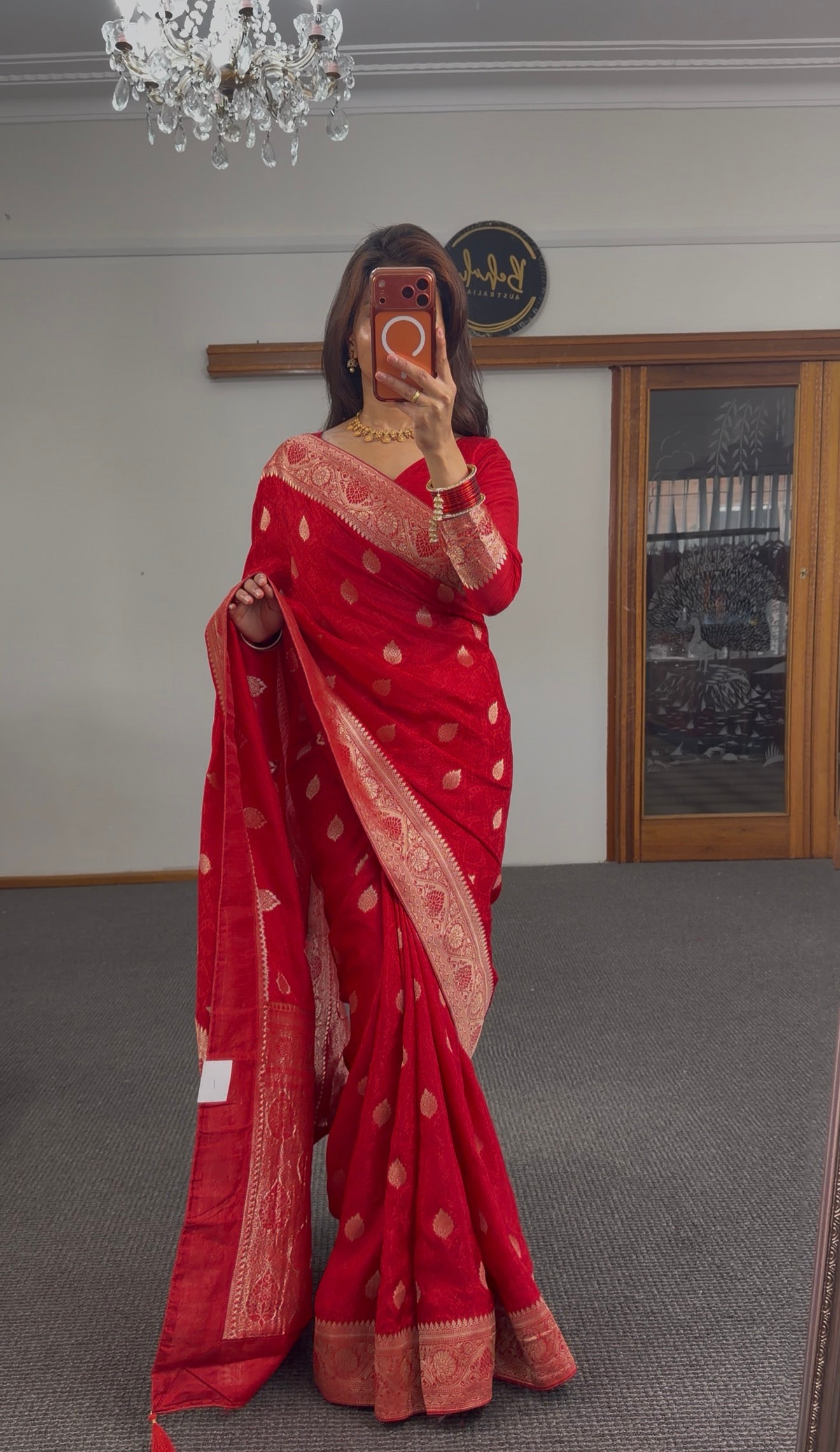 Red Banarasi Silk Saree with Gold Zari Weave & Full Blouse