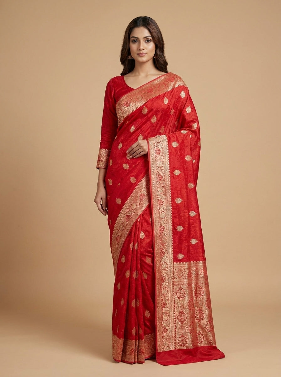 Red Banarasi Silk Saree with Gold Zari Weave & Full Blouse