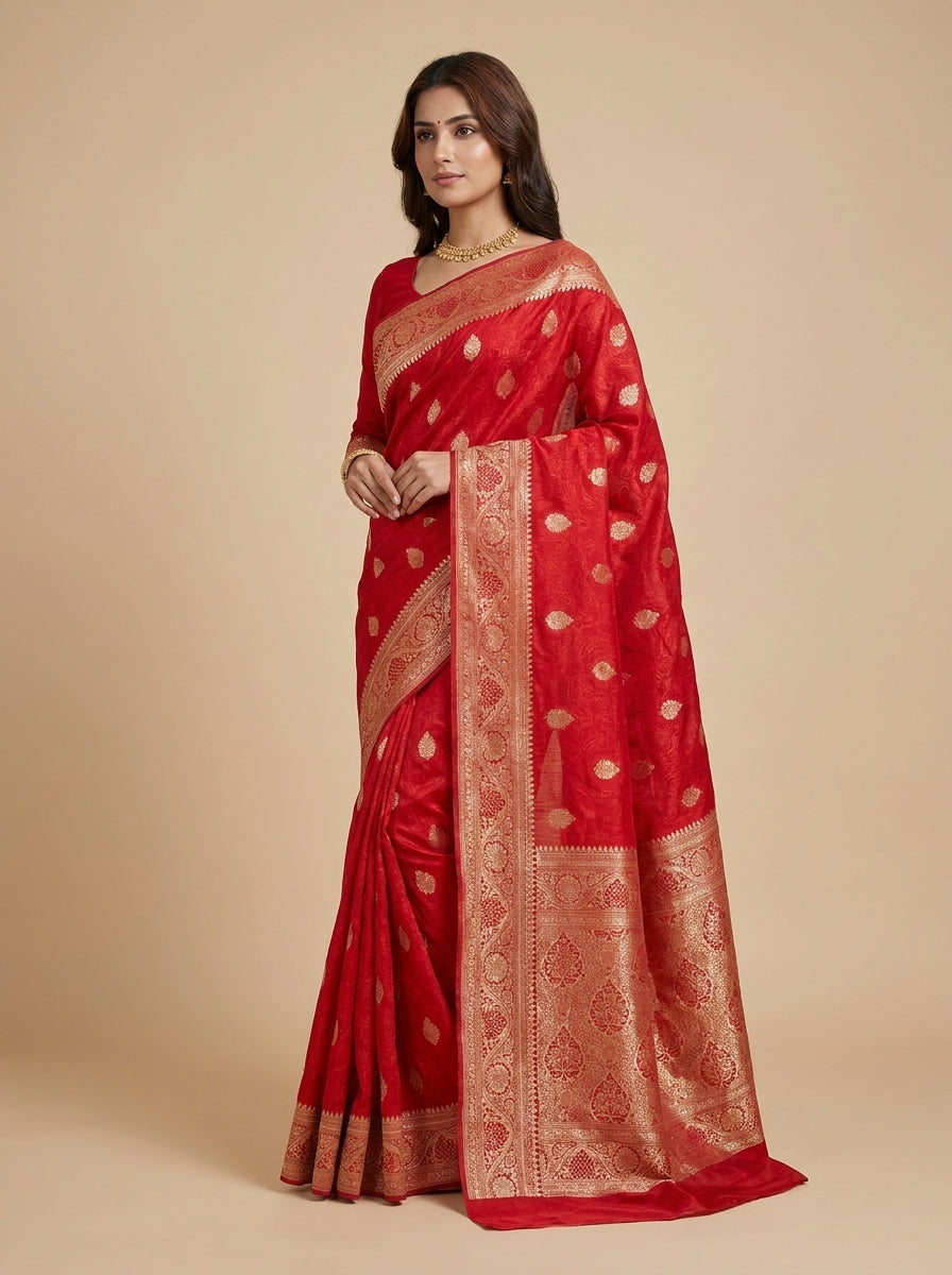 Red Banarasi Silk Saree with Gold Zari Weave & Full Blouse
