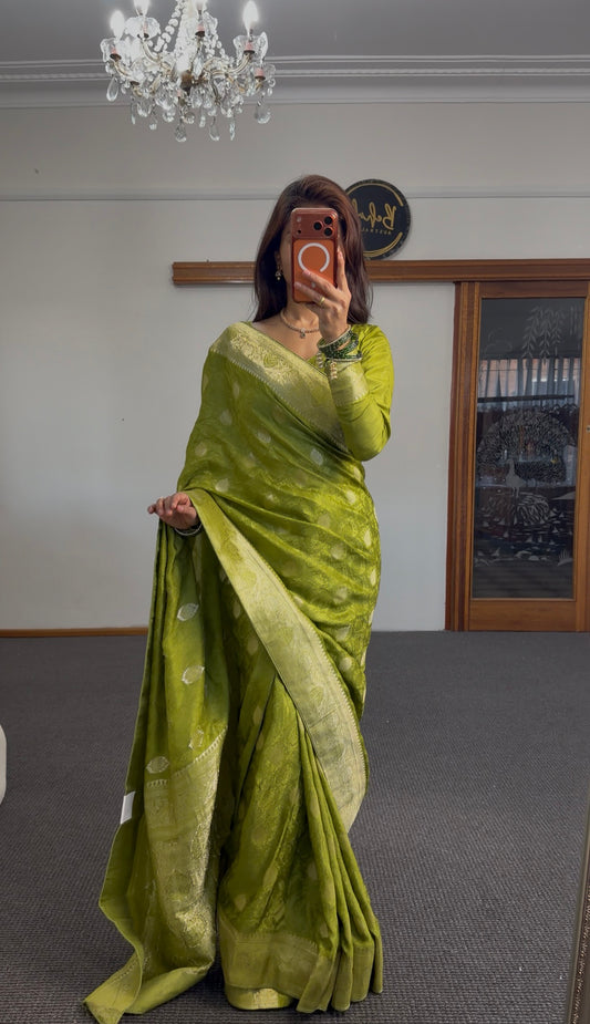 Olive Green Banarasi Silk Saree with Silver Zari Weave