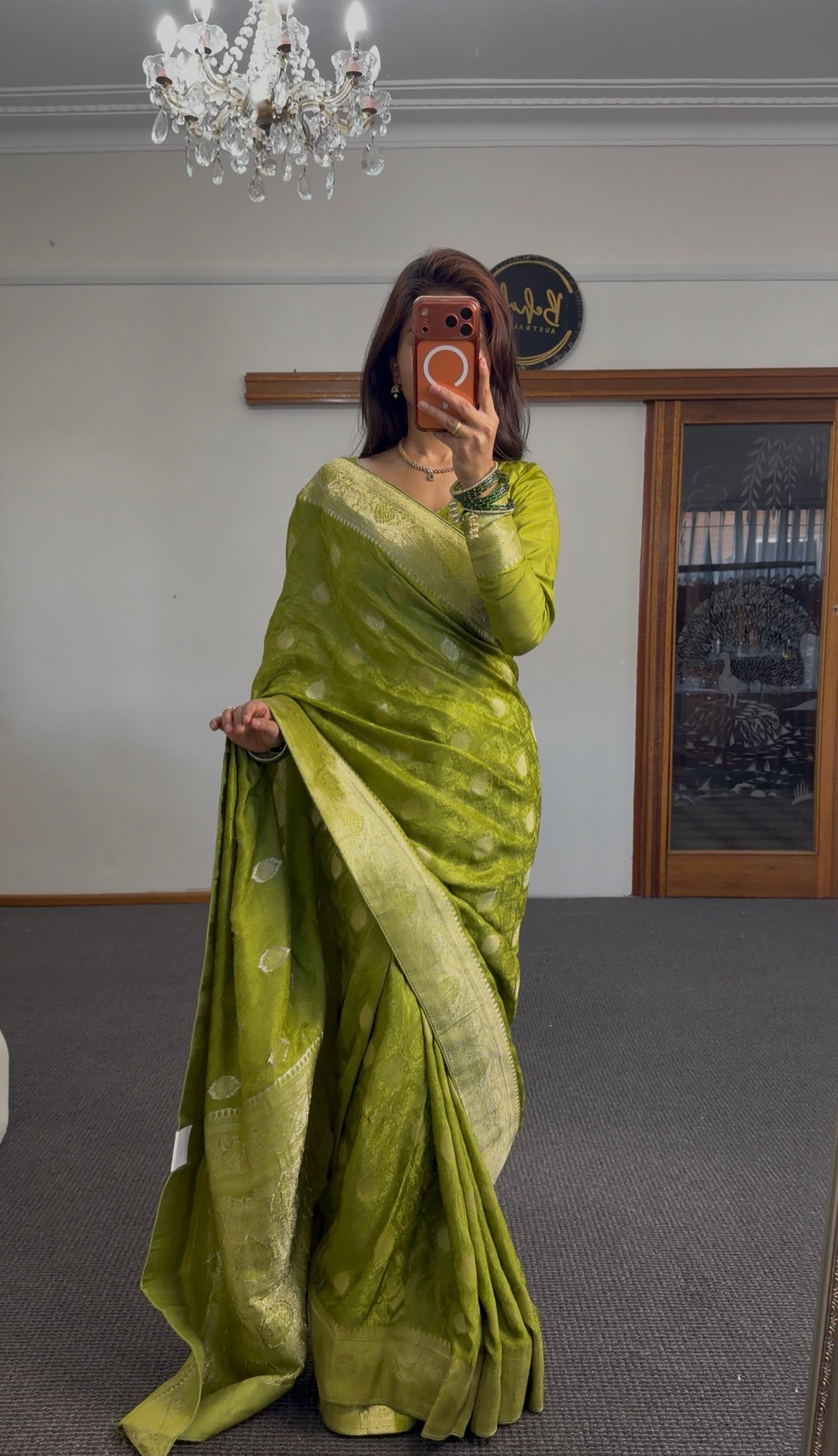 Olive Green Banarasi Silk Saree with Silver Zari Weave