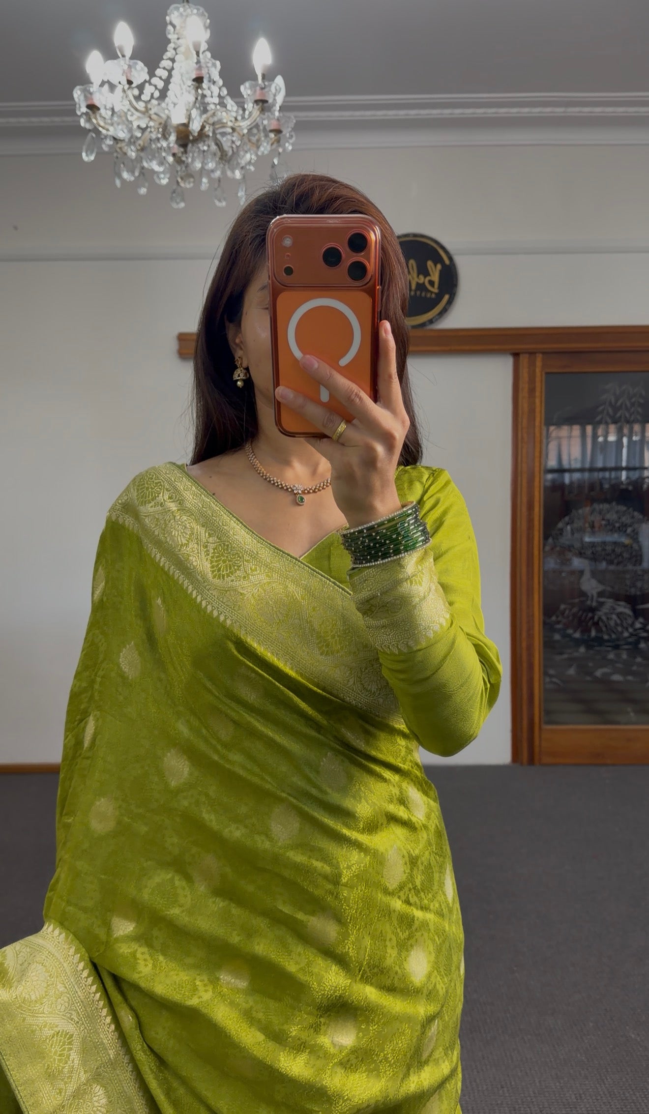 Olive Green Banarasi Silk Saree with Silver Zari Weave