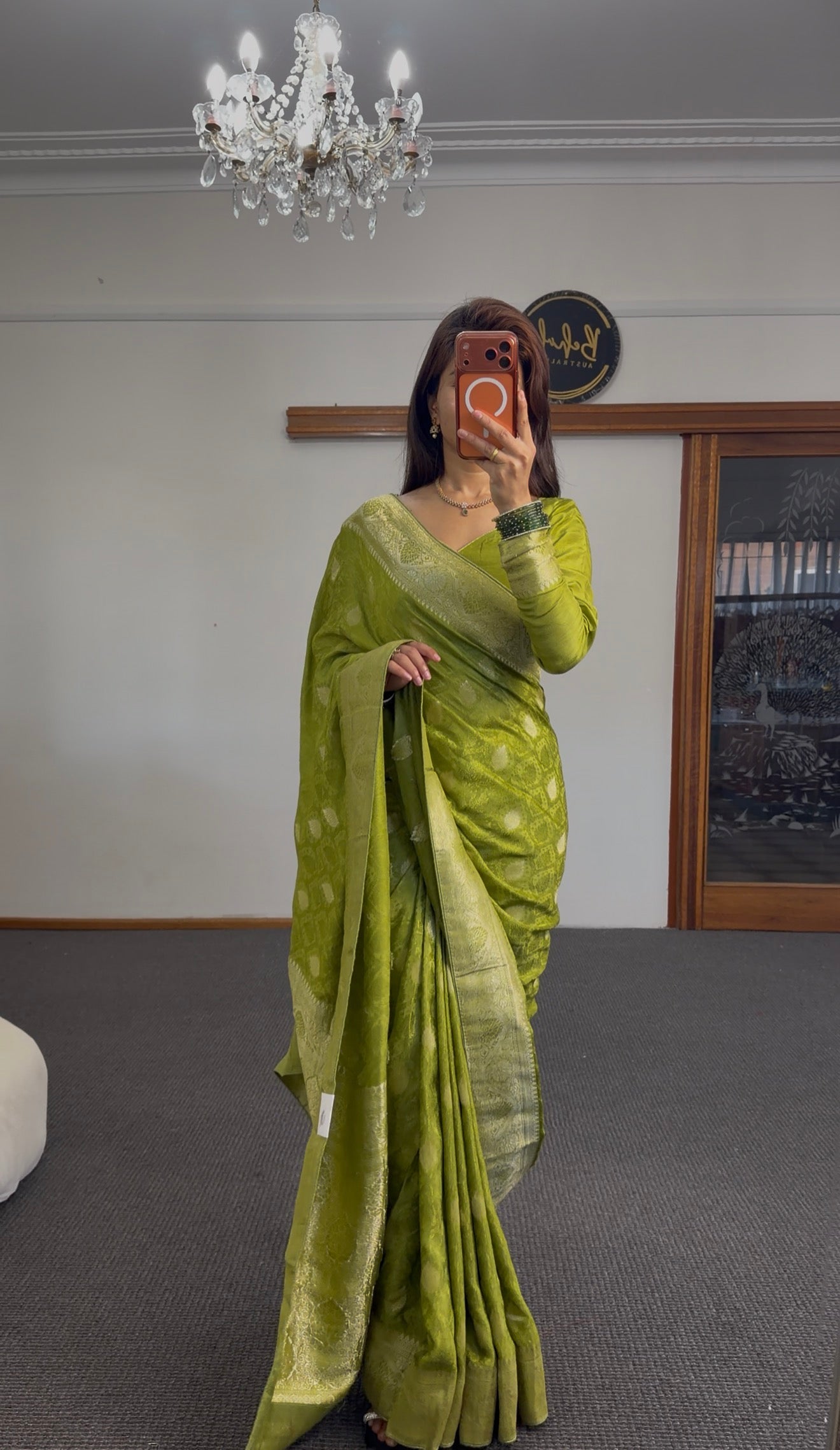 Olive Green Banarasi Silk Saree with Silver Zari Weave