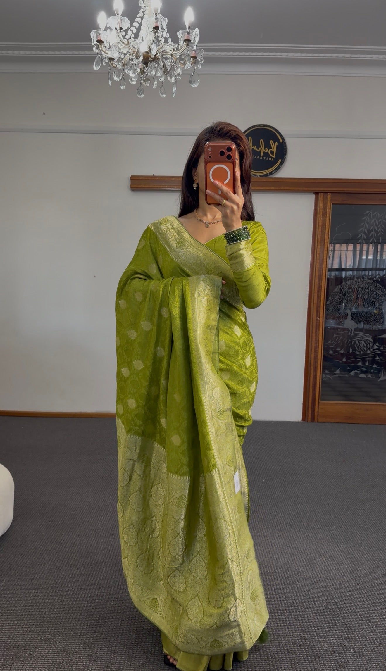 Olive Green Banarasi Silk Saree with Silver Zari Weave
