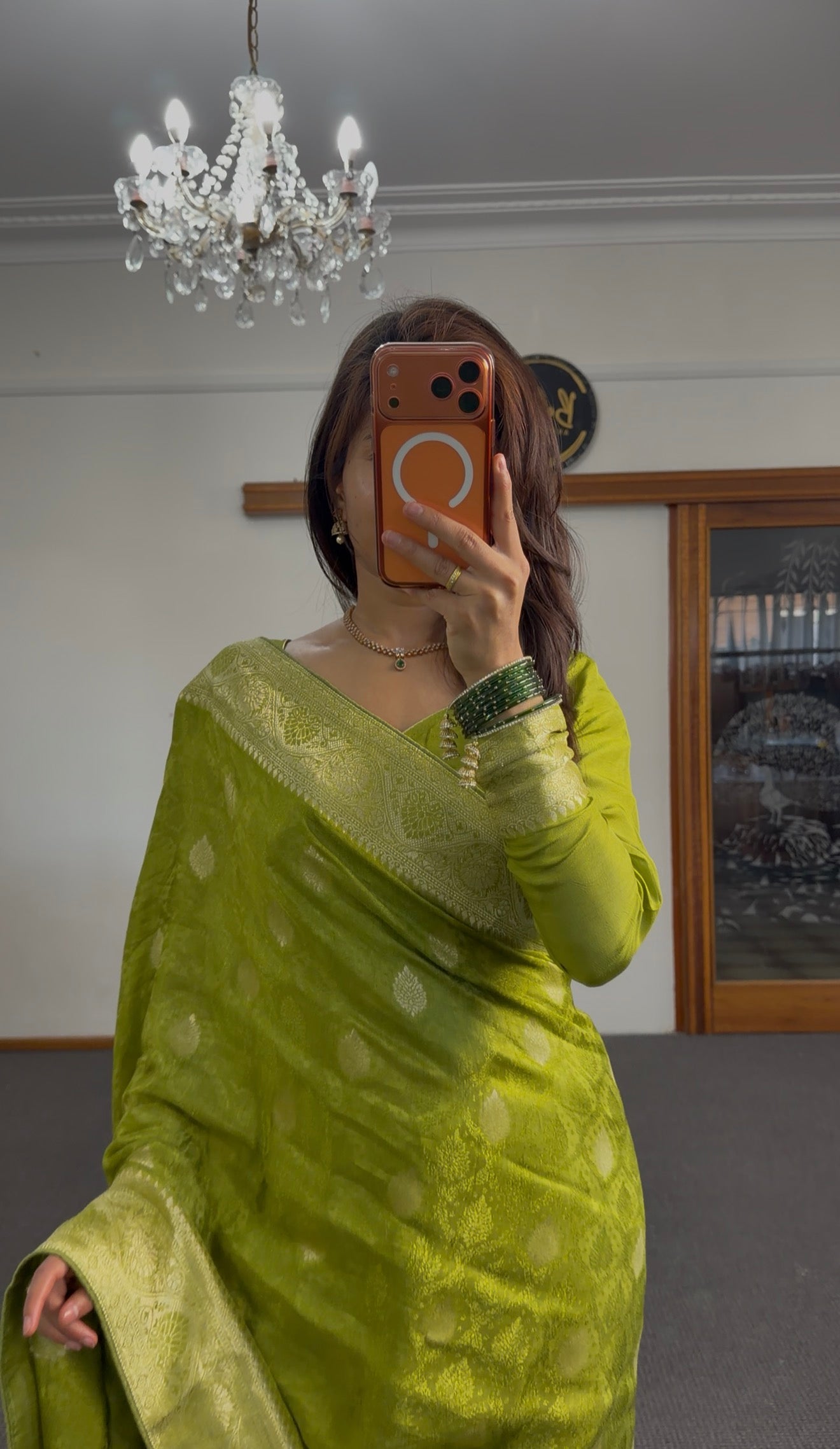 Olive Green Banarasi Silk Saree with Silver Zari Weave